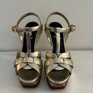 YSL Tribute 105 Gold Metallic Stiletto Platform Heels Size 36.5